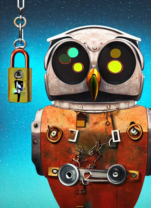 Image similar to colored pencil and pen drawing of an animatronic robot owl, bird made from rusty old keys and padlocks, space background, 8 k photorender realityengine