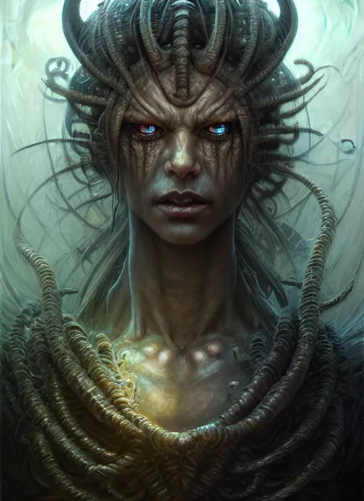 Image similar to closeup portrait shot of a demon in dungeon in a scenic dystopian environment, intricate, elegant, highly detailed, centered, digital painting, artstation, concept art, smooth, sharp focus, illustration, artgerm, tomasz alen kopera, peter mohrbacher, donato giancola, joseph christian leyendecker, wlop, boris vallejo