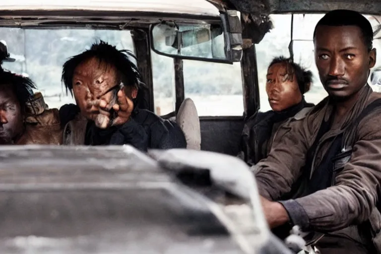 Image similar to movie diverse interracial team of Japanese robbers armed with rifles interior van, beautiful skin, Symmetrical faces. natural lighting by Emmanuel Lubezki