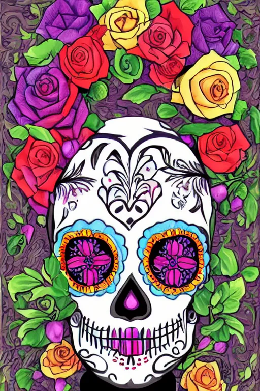 Image similar to illustration of a sugar skull day of the dead girl, vanitas art