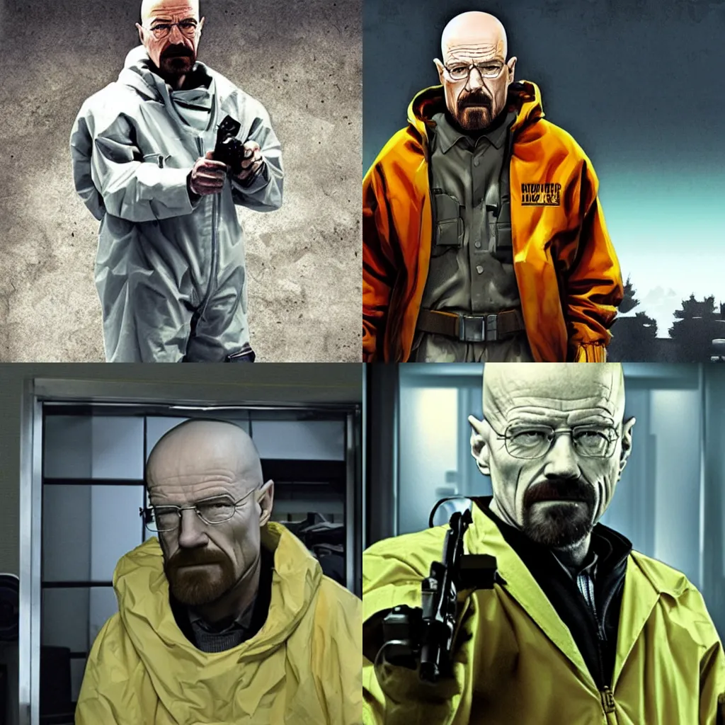 Prompt: walter white wearing the half life 2 HEV suit