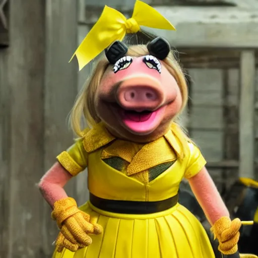 Image similar to Miss Piggy in yellow motorcycle suit swordfighting, Kill Bill, photo, 4k, detailed