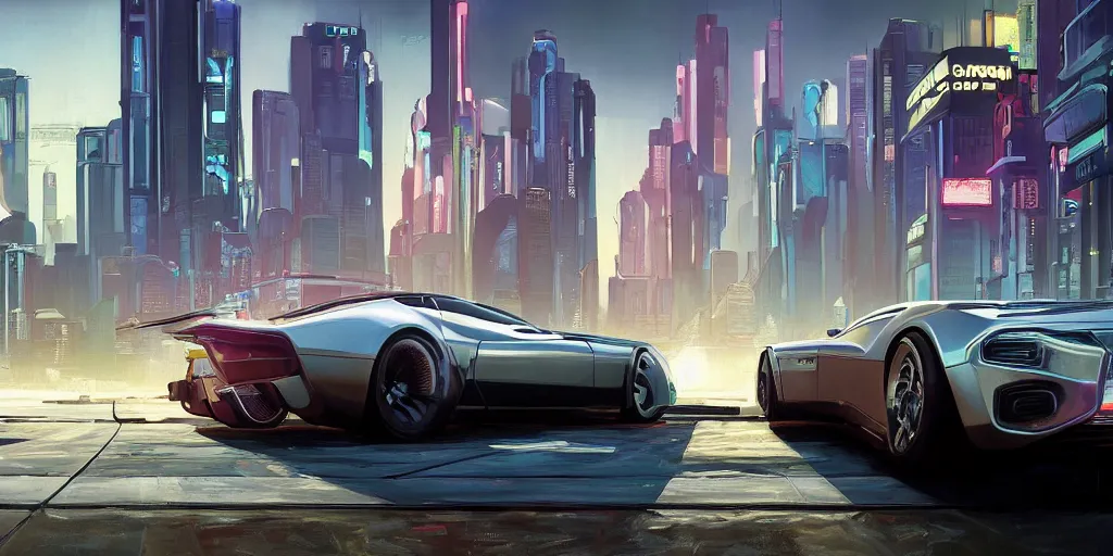 Image similar to art style by Ben Aronson and Edward Hopper and Syd Mead, wide shot view of the Cyberpunk 2077, on ground level. full view of a silver car designed by Henrik Fisker, Bruce Kaiserm and Jon Sibal.