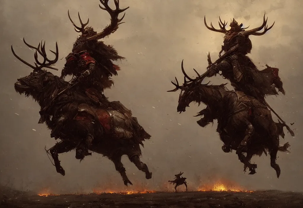 Image similar to a knight riding a burning stag, artstation, jakub rozalski, high detail, dramatic lighting