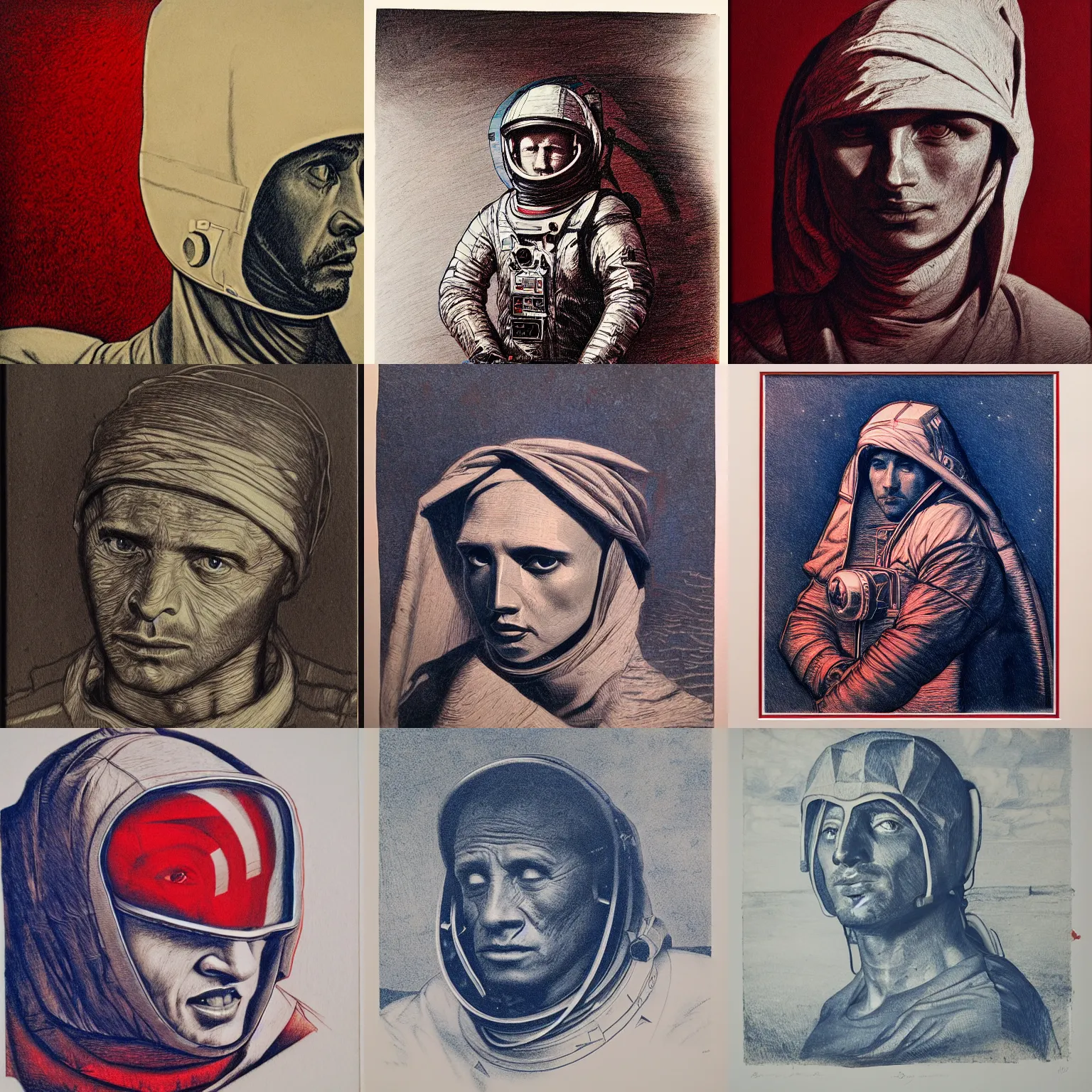 Prompt: bedouin realist engraving of astronaut, prussian blue, venetian red, and titanium white, chiaroscuro, stark lighting, high contrat, dynamic linework, crosshatching