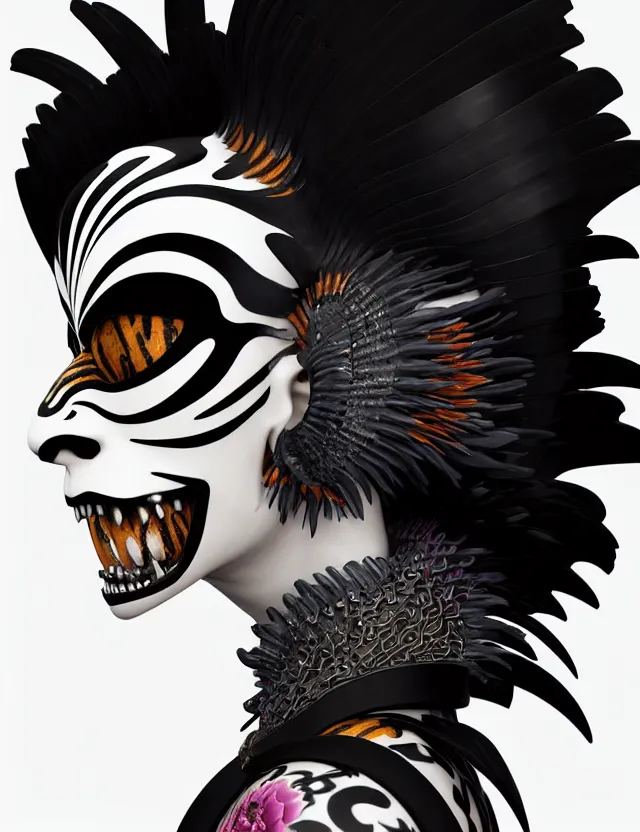 Image similar to 3 d goddess close - up profile simple portrait punk with mohawk with tiger skull. beautiful intricately detailed japanese crow kitsune mask and clasical japanese kimono. betta fish, jellyfish phoenix, bio luminescent, plasma, ice, water, wind, creature, artwork by tooth wu and wlop and beeple and greg rutkowski