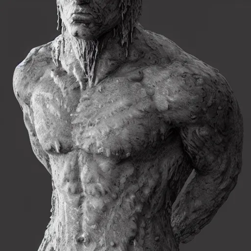 Image similar to a delicate marble sculpture dramatic portrait of a werewolf covered with water veil, highly detailed marble cloth, gi, global illumination, physically based rendering, photorealistic, top light, dark background