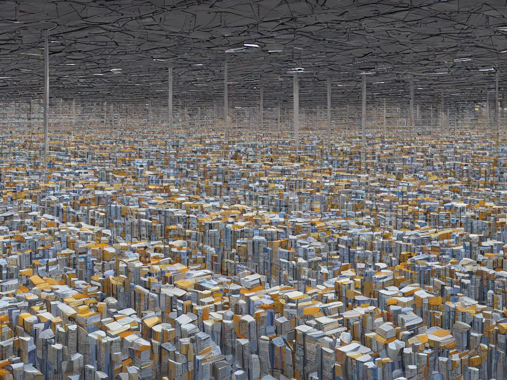 Image similar to a contemoprary painting of a warehouse with huge shelves in which stacks of paper are stored, trending on artstation