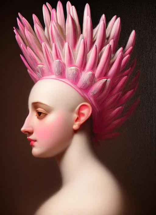 Image similar to stunning arabian godess princess, detailed pink and white protea head peace against a black backdrop by ivan aivazovsky, 3 / 4 view portrait, wlop, super sharp details, photorealism, canon 5 d, 5 0 mm lens, stunning photoshot, beautiful soft lighting, muted colours, artstation