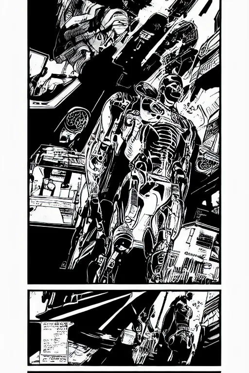 Prompt: ultron, a page from cyberpunk 2 0 2 0, style of paolo parente, style of mike jackson, adam smasher, johnny silverhand, 1 9 9 0 s comic book style, white background, ink drawing, black and white