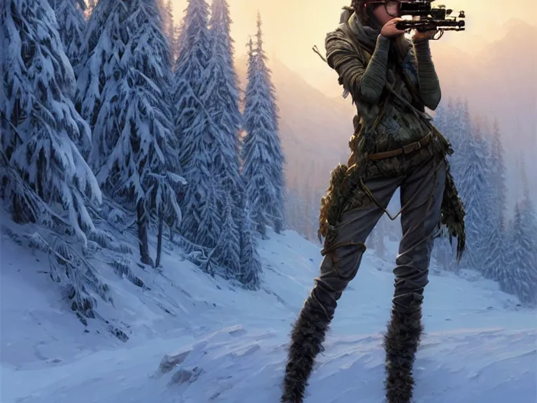 Prompt: a beautiful and aesthetic sniper huntress on the winter valley, aiming the sniper, toward to the camera, hunting the monsters, cynical, dramatic pose, intricate, highly detailed, detailed face, smooth, sharp focus, environmental light, rim light, artgerm, artstation, art by greg rutkowski, ilya kuvshinov, rossdraws, fantasy illustration