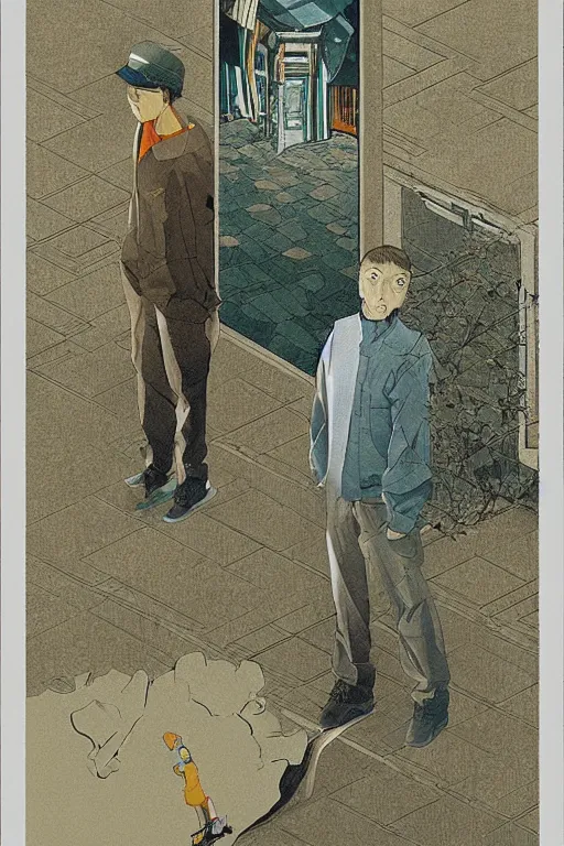 Prompt: tatsuki fujimoto illustration, two men standing at the edge of reality, dynamic perspective, intricate scenery, y 2 k, unknown