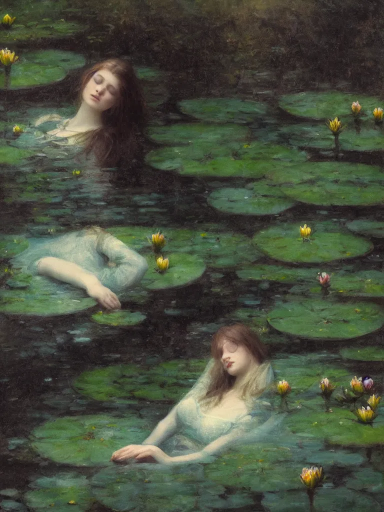 Image similar to detailed cinematic moody colors studio portrait of a victorian young lady sleeping in a victorian pond, water lilies, ofelia inspired high quality by jeremy mann, only one head single portrait
