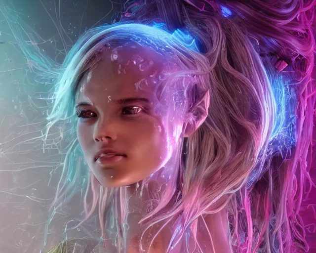 Image similar to glowing hair, complex cybernetic beings, beautiful hairy humanoids, cybermagnetosphere, cybernetic civilizations, ornate hair, love, joy, vortexes, large arrays, data holograms, 8 k, cinematic light shadows, wet hdr refractions, *, * * *, * * * * *