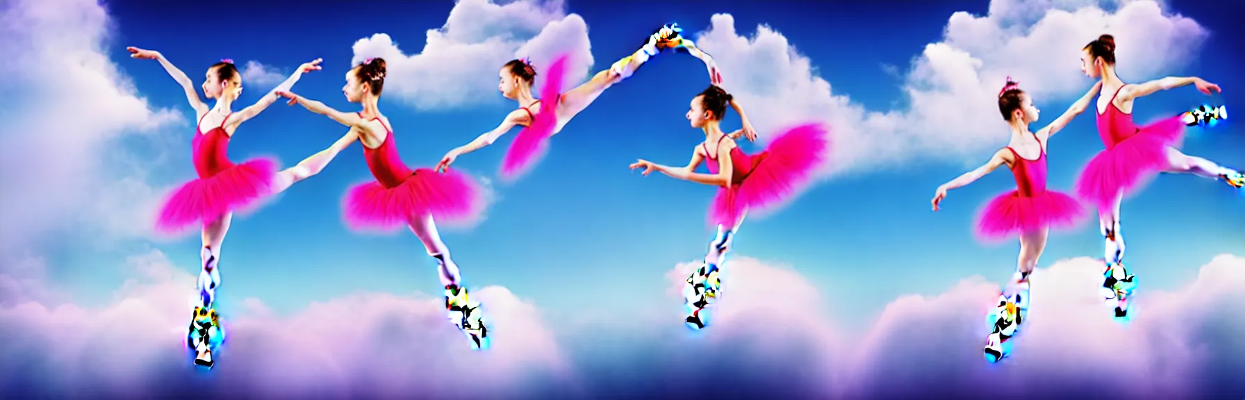 Image similar to two beautiful ballerina girls dancing in the cloud in acrobatic poses; dreamy sky, ultrarealistic, photorealistic, 8K