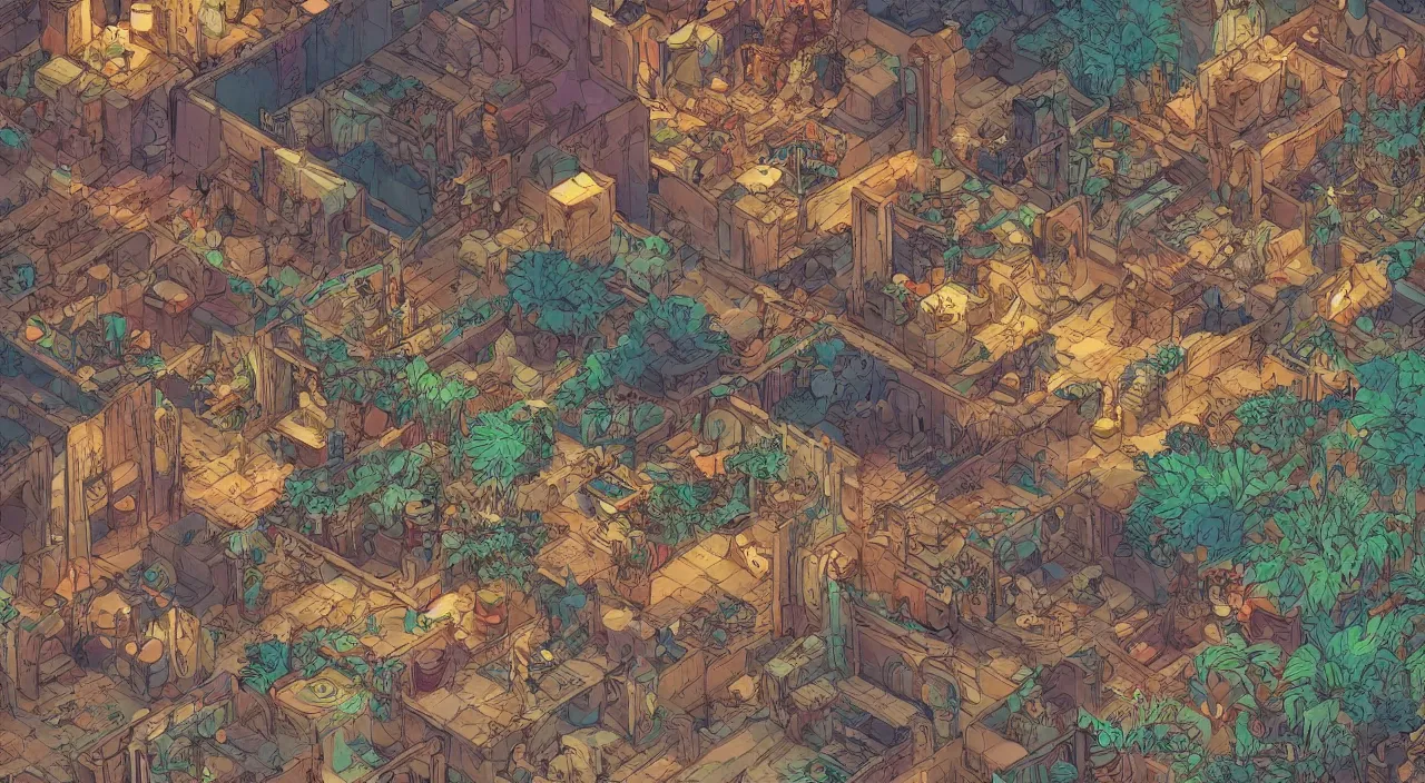 Image similar to arabian marketplace vivid tissu color fabric greeble block jungle dirt ground wood wall fortress volume lighting shine shadow that looks like it is from borderlands and by feng zhu and loish and laurie greasley, victo ngai, andreas rocha, john harris