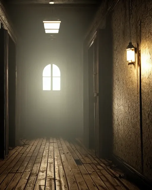 Image similar to Resident Evil 7, American gothic interior, wooden floor, atmospheric, nighttime scene, photorealistic narrow hallway with broken windows, horror