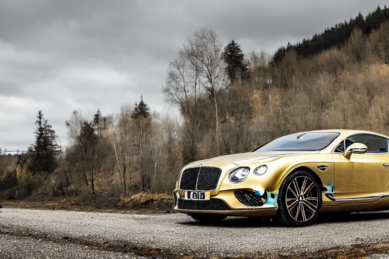 Prompt: Bentley Continental GT in shiny gold film drives along old Russian village road with houses around the edges