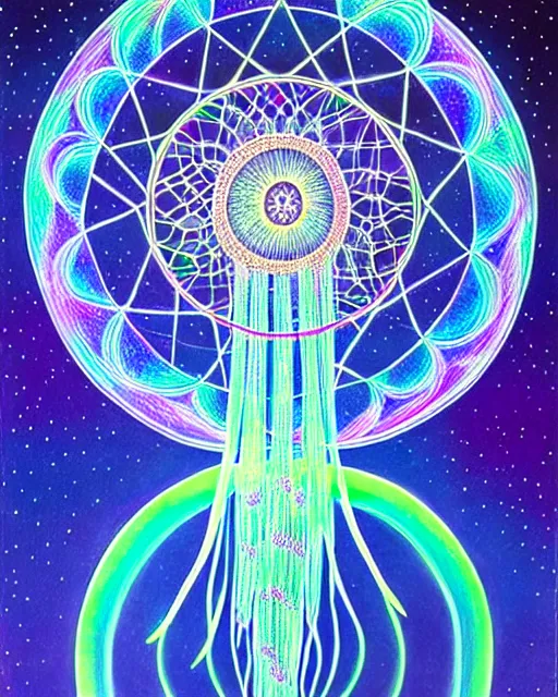 Image similar to detailed realistic dreamcatcher geometric glow painting a jellyfish emitting light in the cosmos by alex grey symmetry