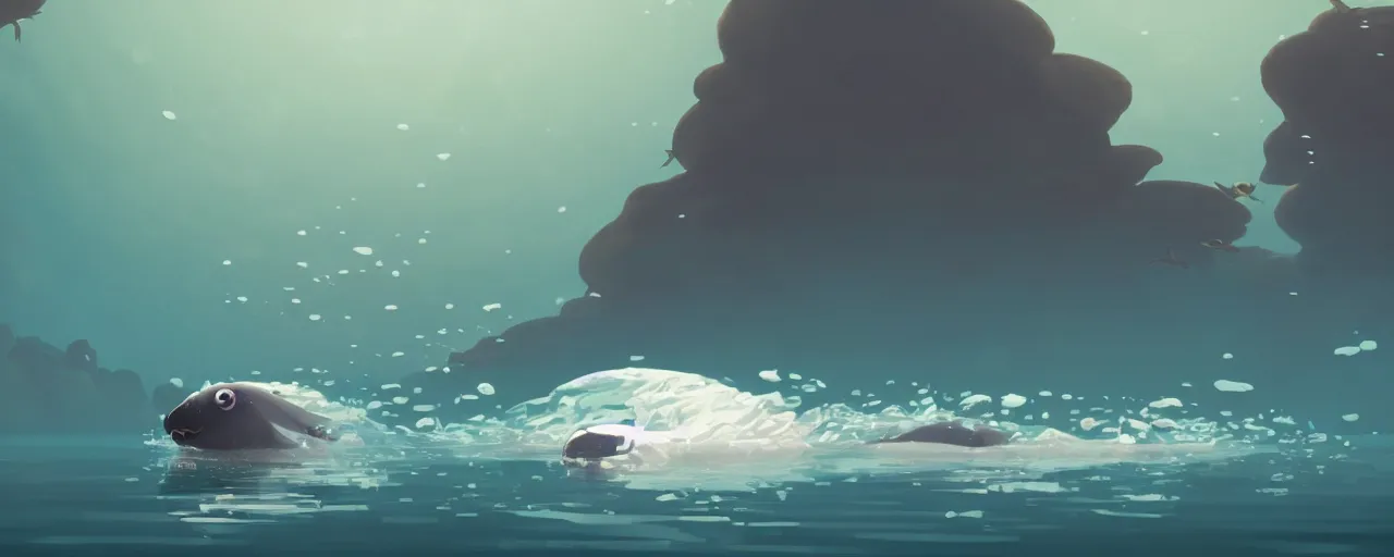 Image similar to piranhas surround a baby harp seal swimming in a tropical river, atey ghailan, goro fujita, studio ghibli, rim light, dark lighting, clear focus, very coherent