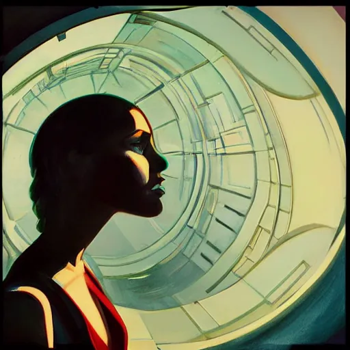 Prompt: detailed face of a woman, clockwork, moment, tectonic sky, skydome, bullet train, turbines, utopian, tech noir, wet reflections, prism, atmospheric, ambient, pj crook, syd mead, malcom t liepke, emma uber, edward hopper