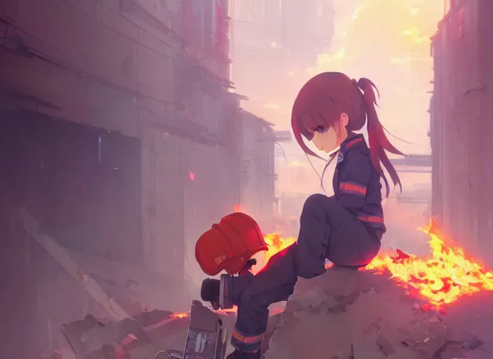 Prompt: firefighter girl, crumbling building background arson landscape illustration concept art anime key visual trending pixiv fanbox by wlop and greg rutkowski and makoto shinkai and studio ghibli and kyoto animation fireproof clothing hardware gear