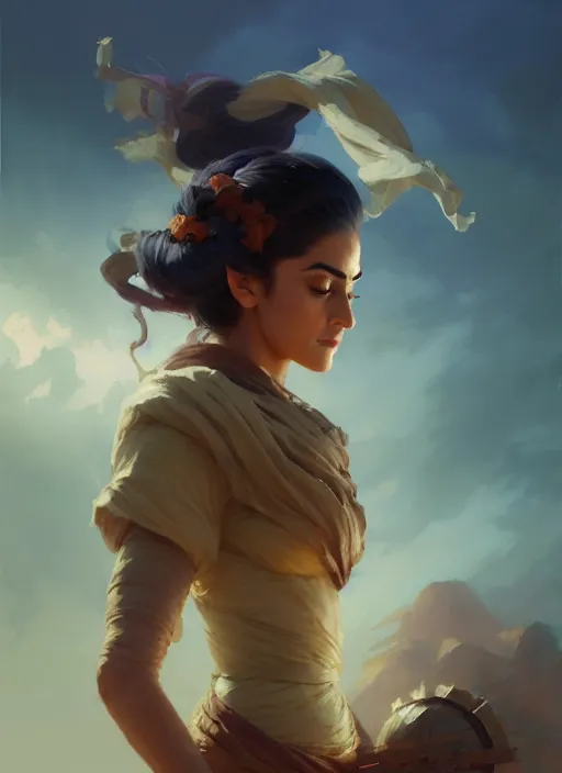 Image similar to side portrait, maya ali, wind sorcerer, gloomhaven, organic painting, hard edges, luminescent, octane render, by greg manchess, huang guangjian, gil elvgren, sachin teng, greg rutkowski, jesper ejsing, rhads, ilya kuvshinov, cushart krenz