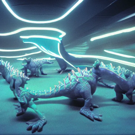 Image similar to electric blue scaled glowing baby dinosaurs in tron movie, cinestill