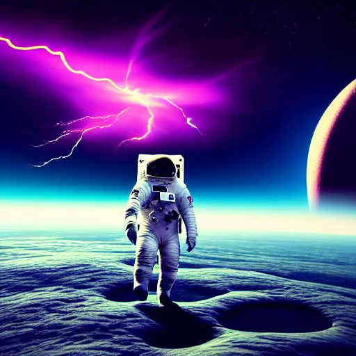 Prompt: astronaut finding a flower on an alien planet with mountains, water, strange clouds, hyper realistic, dramatic lightning, ray tracing, 8 k