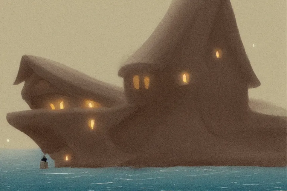 Image similar to seashell shaped house, lone fisherman, in the style of john harris and moebius