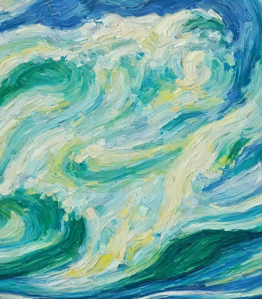 Image similar to an impasto oil painting of a beautiful barreling wave, traidic color scheme, high detail, breathtaking wave, modern art, abstract art, soft colors
