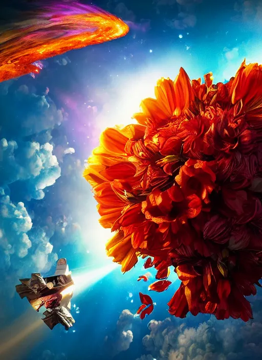 Image similar to An epic fantastic realism comic book style painting of the most beautiful flowers launched into space, bouquets and solar flares, fisheye lens, unreal 5, DAZ, hyperrealistic, octane render, dynamic lighting