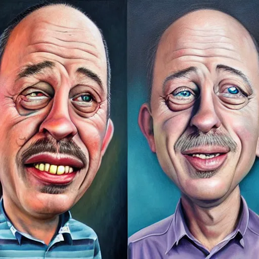 Image similar to Caricature portraits done of Gene Ween, realistic, hyperrealistic, very realistic, highly detailed, very detailed, extremely detailed, detailed, oil painting, digital art, trending on artstation