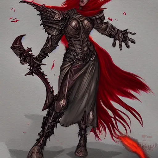 Image similar to “winged, red haired woman, gargoyle, flaming sword, full plate armor, fantasy drawing, concept art”