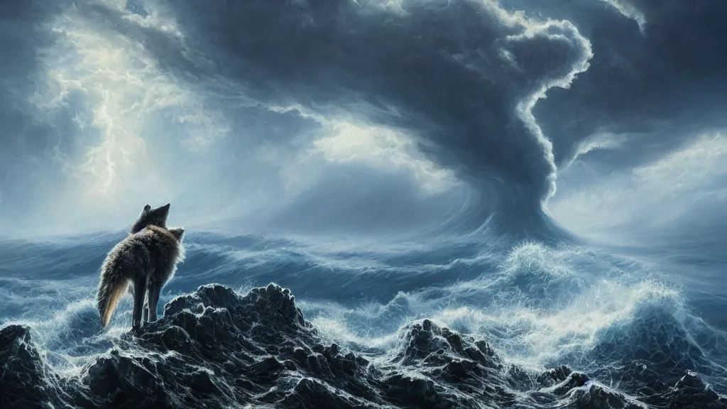 Prompt: A wolf standing on the edge of a grassy cliff looking out towards an underwater nuclear explosion, birds flying away from explosion, mind-bending geometry, explosive shockwaves rippling across sapphire waters below, extreme realism, intricate details, large waves, 4k, trending on Artstation, award-winning, dramatic painting, art by Greg Rutkowski
