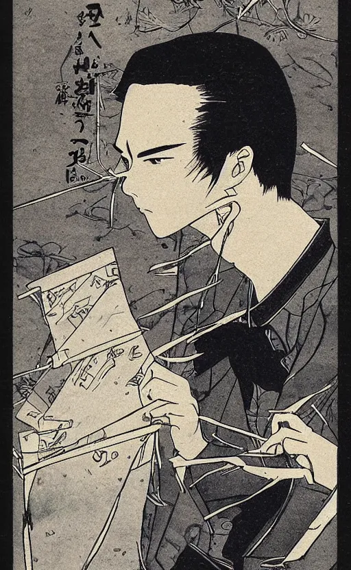 Image similar to by akio watanabe, manga art, alone male novel writer doing his work, trading card front, realistic anatomy