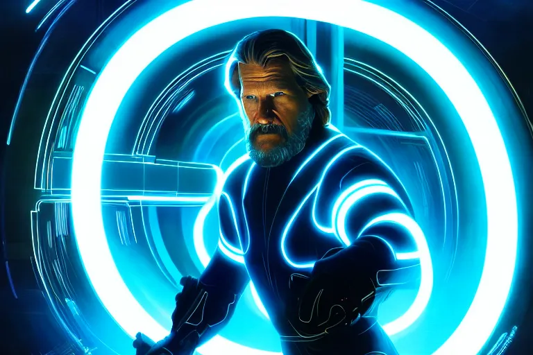 Prompt: tron legacy jesus disc battle with jeff bridges, face, diffuse lighting, hyper realistic, concept art, intricate, hyper detailed, smooth, sharp focus, illustration, artstation, art by greg rutkowski and james gurney and alphonse mucha