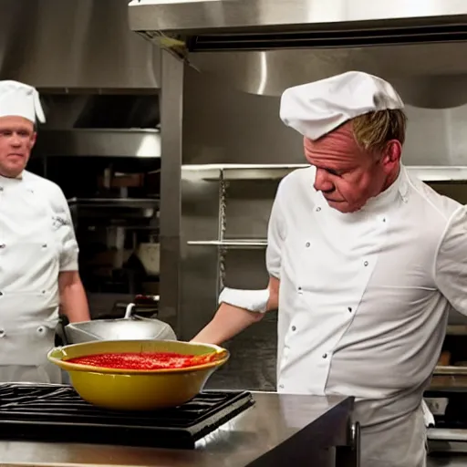 Prompt: gordon ramsay making duck sauce while he's cussing at his sous chef on kitchen nightmares