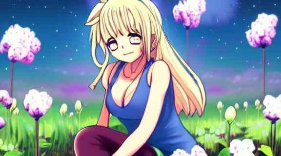 Image similar to Lucy Heartfilia sitting in a field of Clover | Big Moon at Night | GLOWING FLOWERS | strong blue rimlit | visual-key | anime illustration | highly detailed | in the style of Anmi