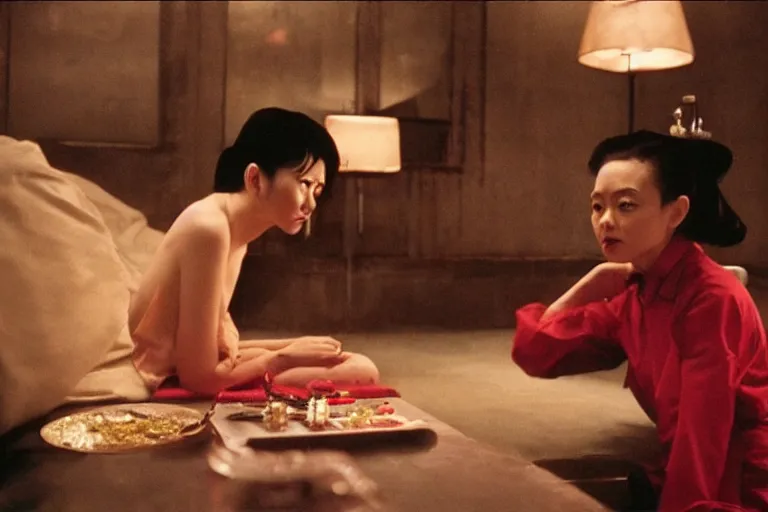 Image similar to wong kar wai lonely woman indoors movie scene