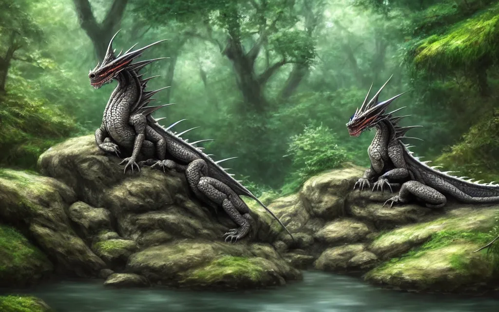 Image similar to A single dragon sitting on a rock within a woodland creek, highly detailed, trending on pixiv, realistic oil paint artwork made in 2020.