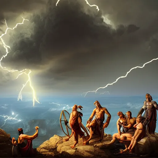 Prompt: Greek gods in a meeting at Mount Olympus, realistic , wide view , cinematic , sky full of lightning, apocalypse theme , full of details , 4k , trending on artstation, bright