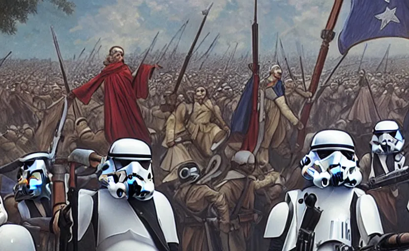 Image similar to liberty leading the people, french revolution, jedi, ewoks, stormtroopers