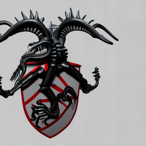 Image similar to 3d render of a xenomorphic old coat of arms with bones, nerves and veins