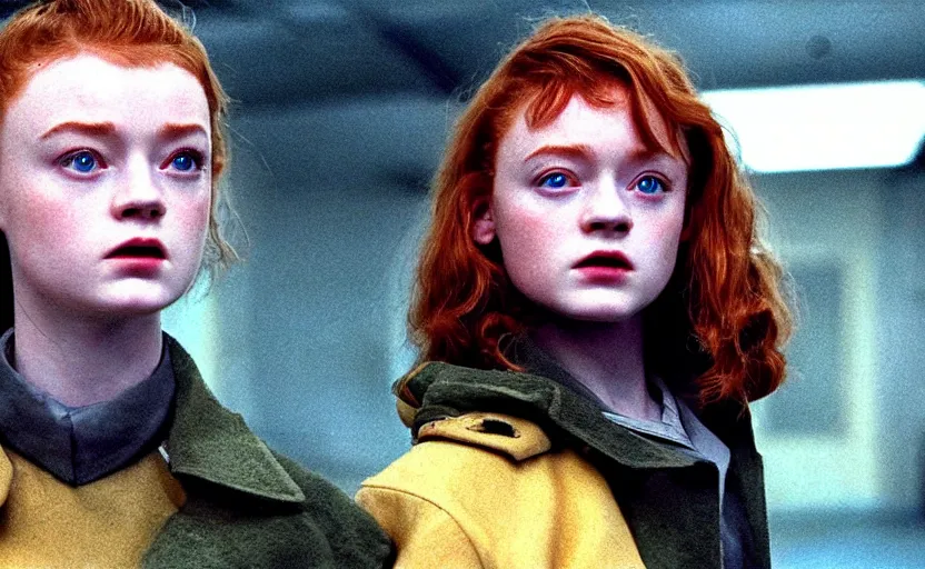 Image similar to sadie sink with spiky short hair in oversized man's coat : a still from a scifi soviet cyberpunk film from 1 9 8 0 s. by steven spielberg and james cameron. 6 5 mm low grain film stock. sharp focus, realistic facial expression, perfect anatomy, global illumination, radiant light, detailed and intricate environment, trending on artstation