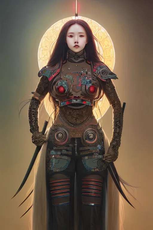 Image similar to full body painting of olivia hye loona cyberpunk samurai smiling, ultra realistic, concept art, intricate details, eerie, highly detailed, photorealistic, octane render, 8 k, unreal engine. art by artgerm and greg rutkowski and magali villeneuve and alphonse mucha