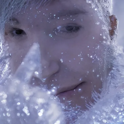 Image similar to futuristic female soldier eyes closed partly submerged in highly viscous clear fluid, frost particles, ice needles, cold blue light, complex hyperdetailed technical suit. white hair flowing. reflection. rays and dispersion of light. volumetric light. 5 0 mm, f / 3 2. noise film photo. ultra realistic, wide angle.