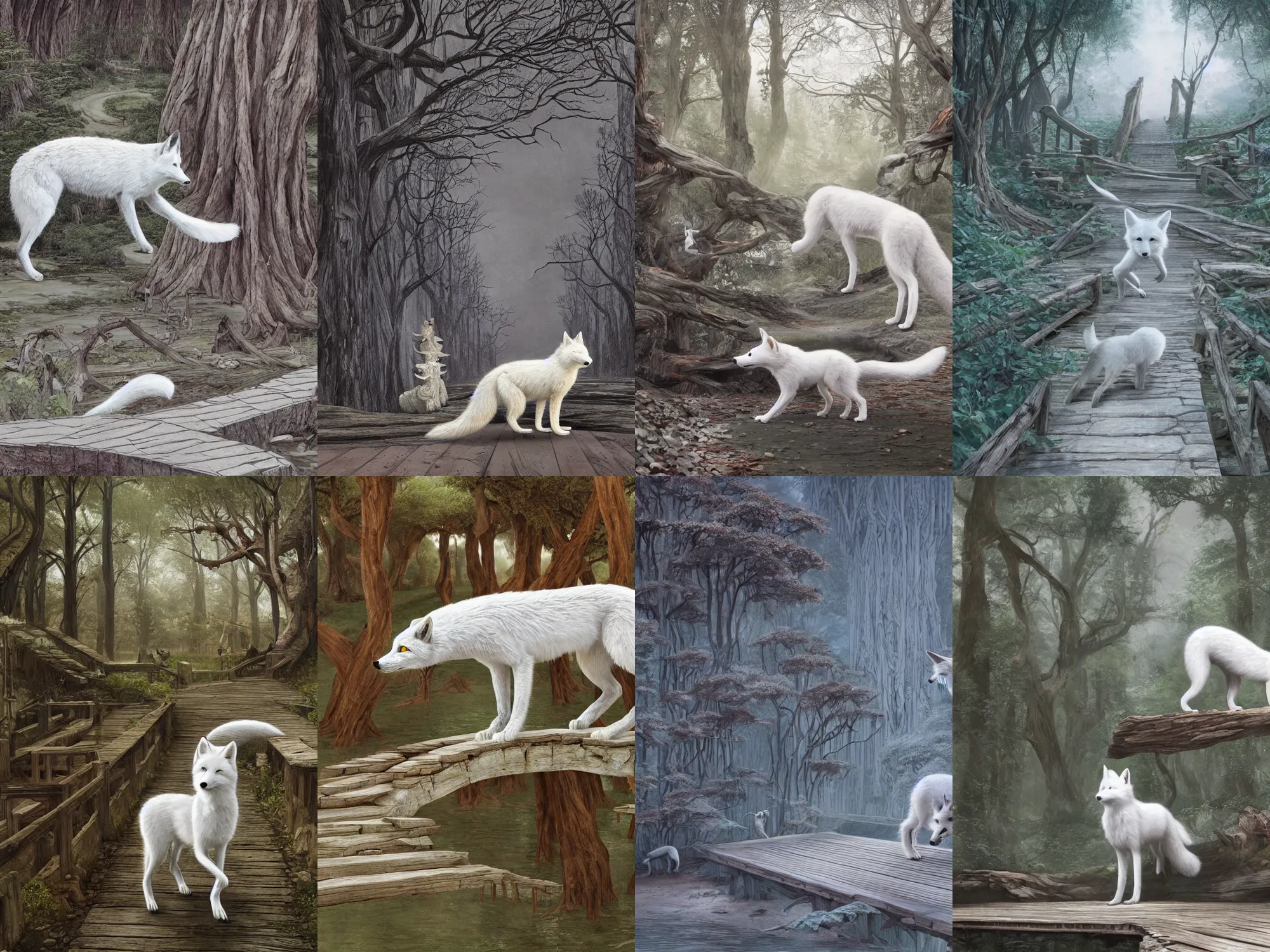 Prompt: a white fox walking on an old wood bridge with sculptures, trees in the background, art by James Jean and Wayne Barlowe, high detail, cinematic, cgsociety 8k