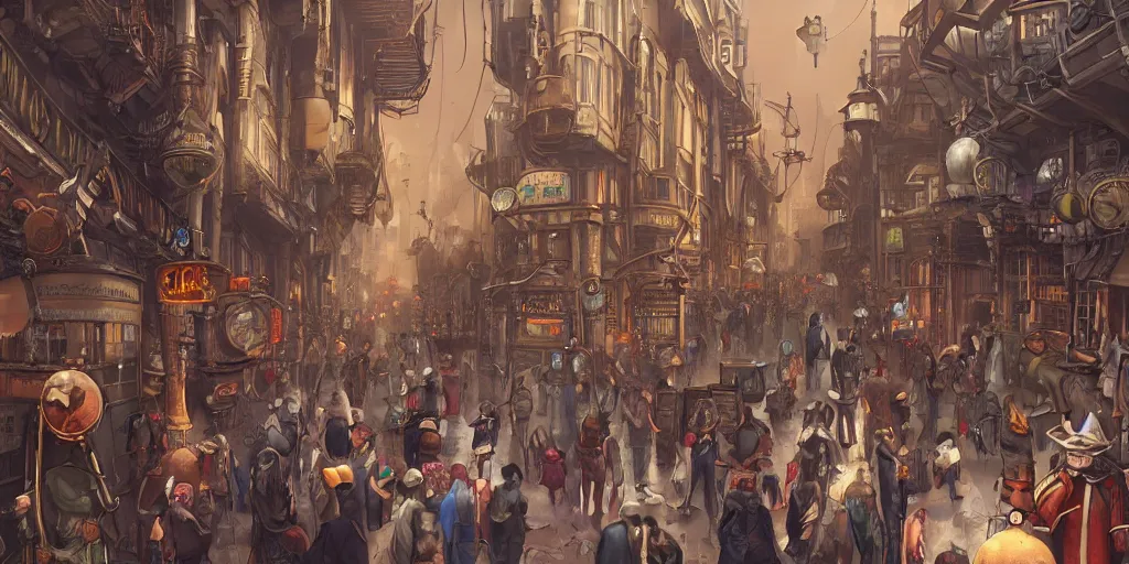 Image similar to a street of a big flying steam punk city full of people with strange costumes, artstation