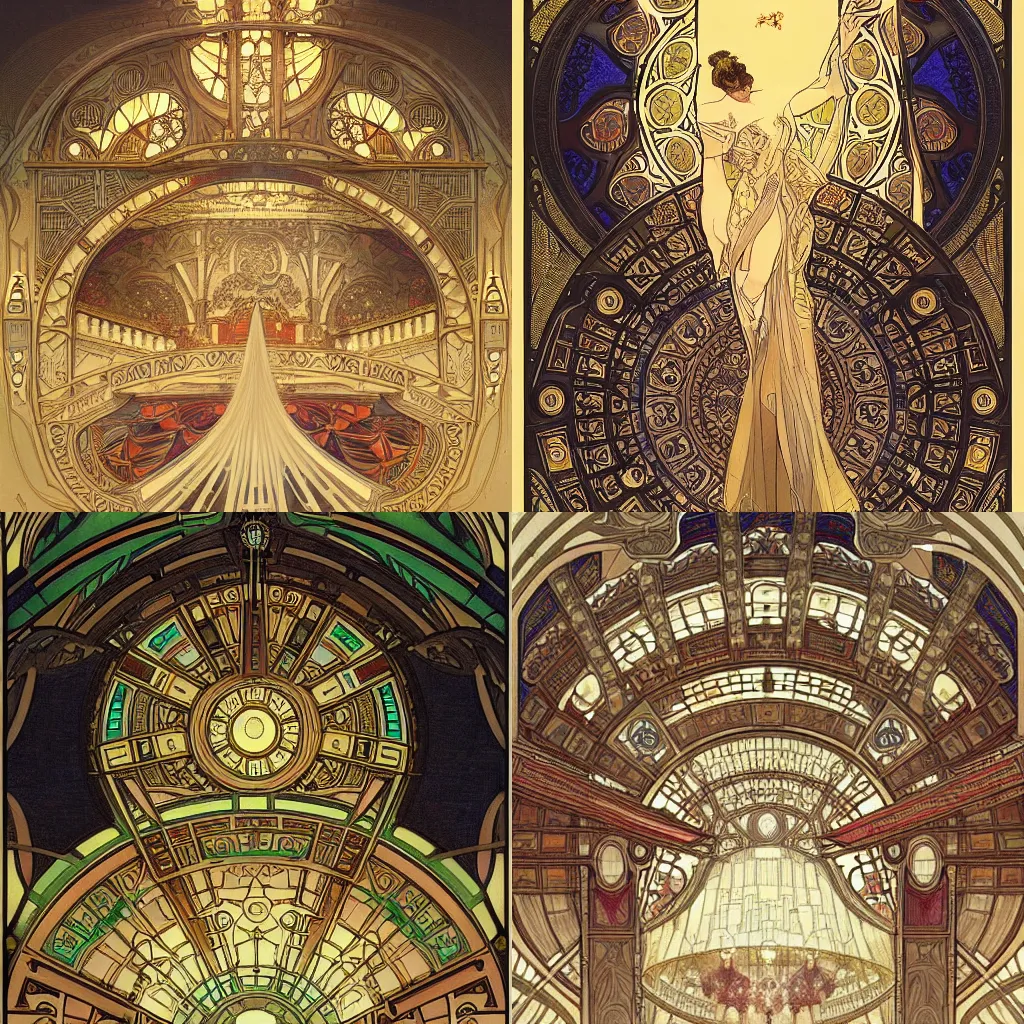 Prompt: A Symphony Hall, by Alphonse Maria Mucha, intricate, elegant, highly detailed, artstation, concept art, smooth, sharp focus